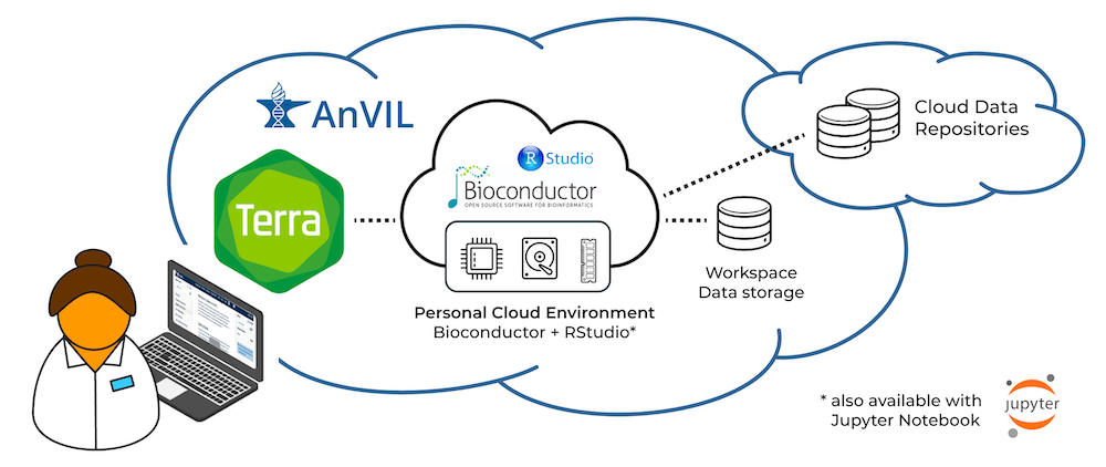 schematic of the Bioconductor cloud environment available in Terra