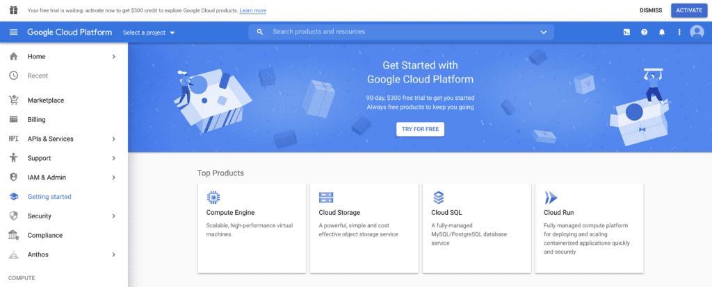screenshot of GCP console landing page (first visit)