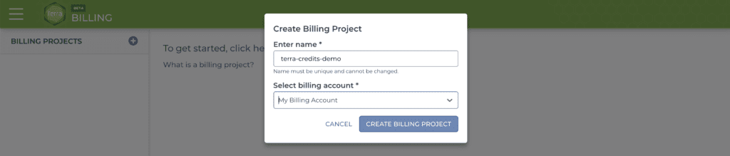 screenshot of menu for creating a new Terra billing project 