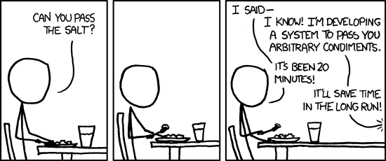 Three-panel comic from xkcd.com depicting a scene where one person is seated at a table, eating a meal. In the first panel, they ask a second person (not shown) 